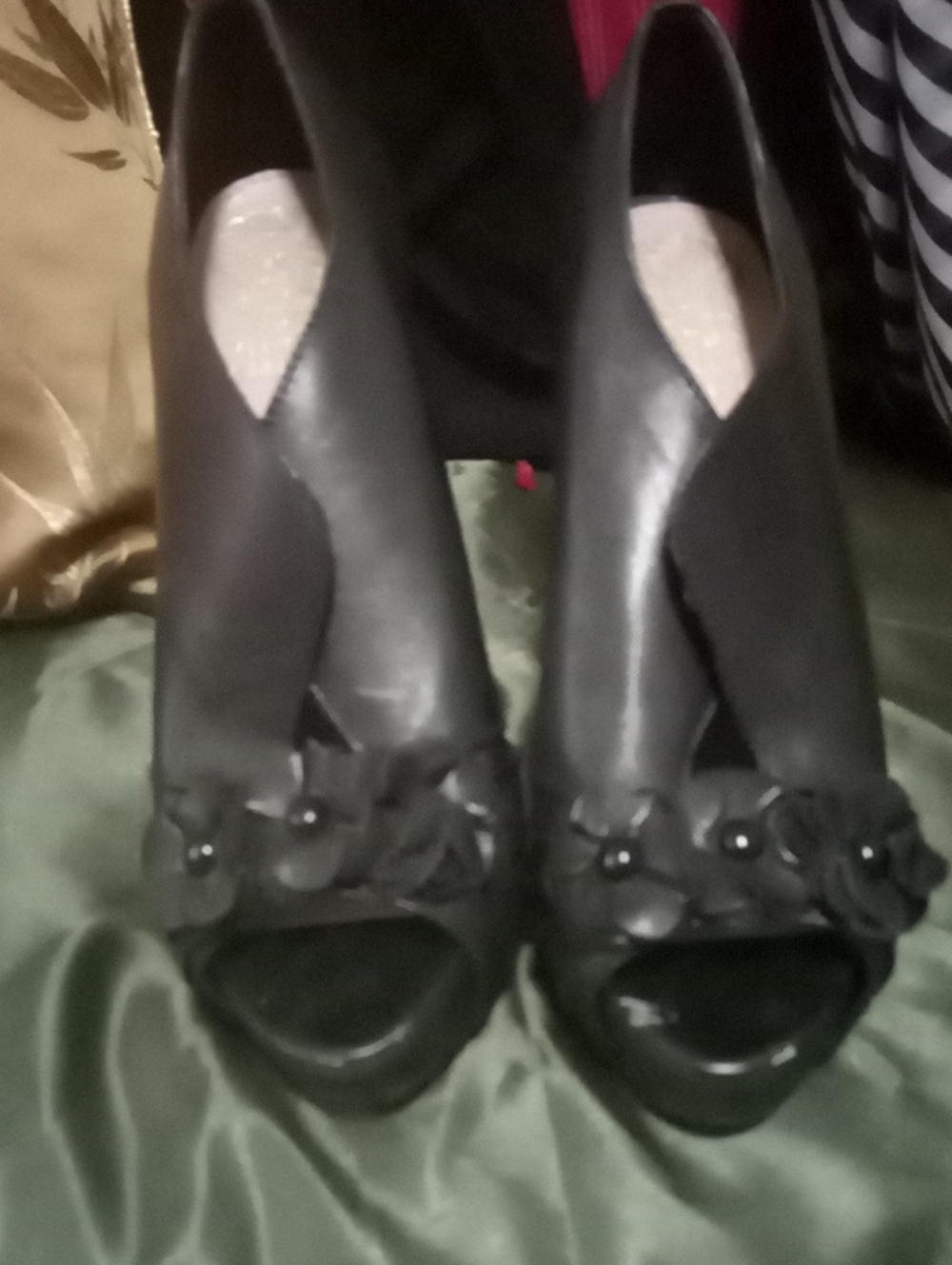 Vince Camuto Black Peep-Toe Floral Accent Heels